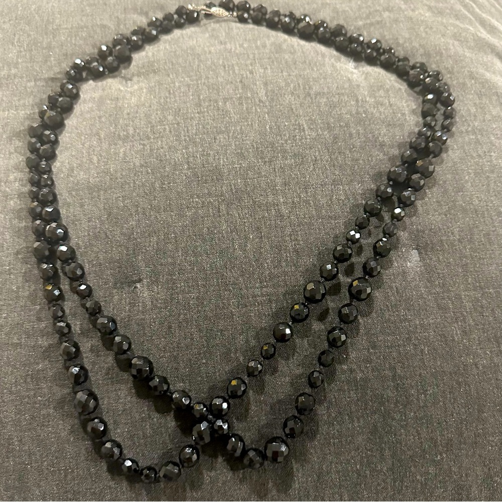 Vintage Jet Black Glass Multi Strand Bead Necklace
